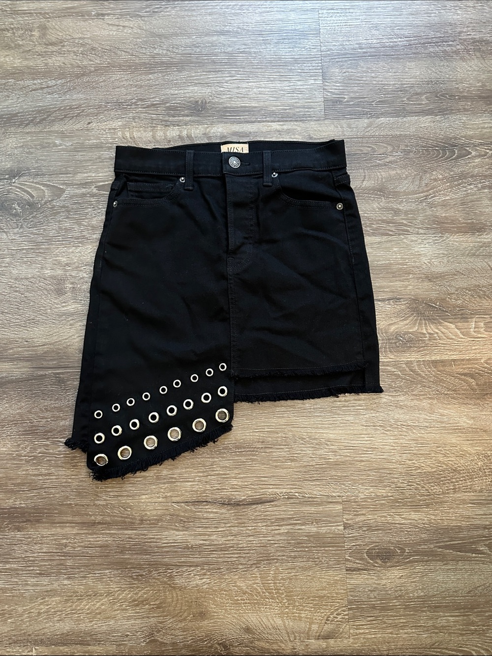 MISA LOS ANGELES Black Asymmetrical Denim Mini Skirt with Grommet Detail